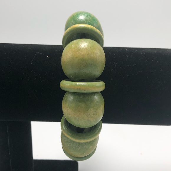 Wood Bead Stretch Bracelet Lot of 3 Green Rainbow Pink Animal Print - Picture 5 of 6